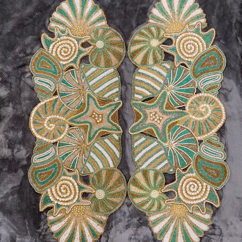 13x36 Coastal Beaded Table Runner/Sea Shells, SeaFoam Green, Silver & Gold